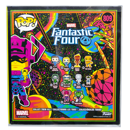 Fantastic Four Funko Pop collectible figures in vibrant protective case, showcasing colorful characters with cosmic background.