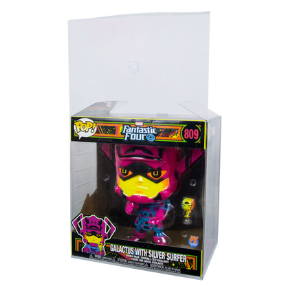 Galactus with Silver Surfer in PopShield protector box, showcasing a vibrant Funko Pop from the Fantastic Four series.