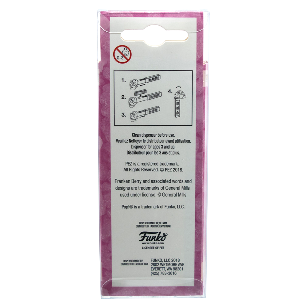 Back view of Pez PopShield Protectors packaging, displaying instructions and trademark details.