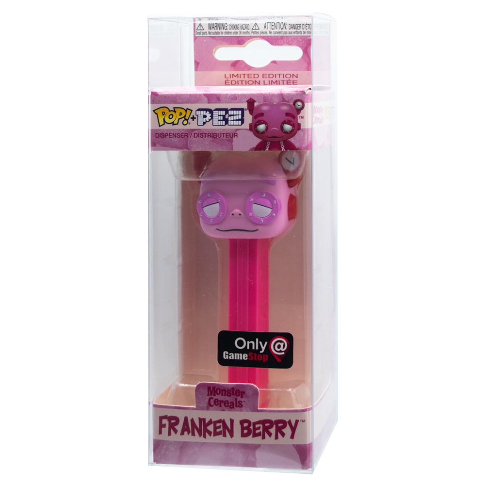Pez PopShield Protectors showcasing limited edition Franken Berry Pop figure in protective case