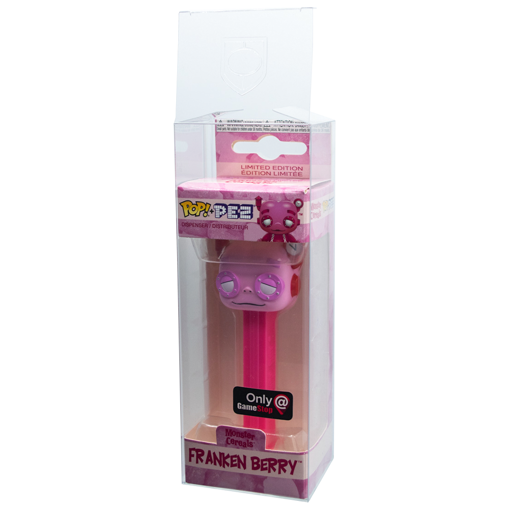 Franken Berry Pez dispenser in PopShield protector, showcasing superior Pez PopShield Protectors for Funko Pop collectible protection.