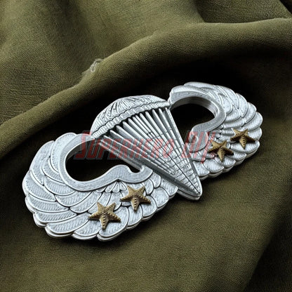 Jump Wings badge replica on fabric, silver with stars, for Basic Senior and Master Parachutist, veteran-owned shop product.