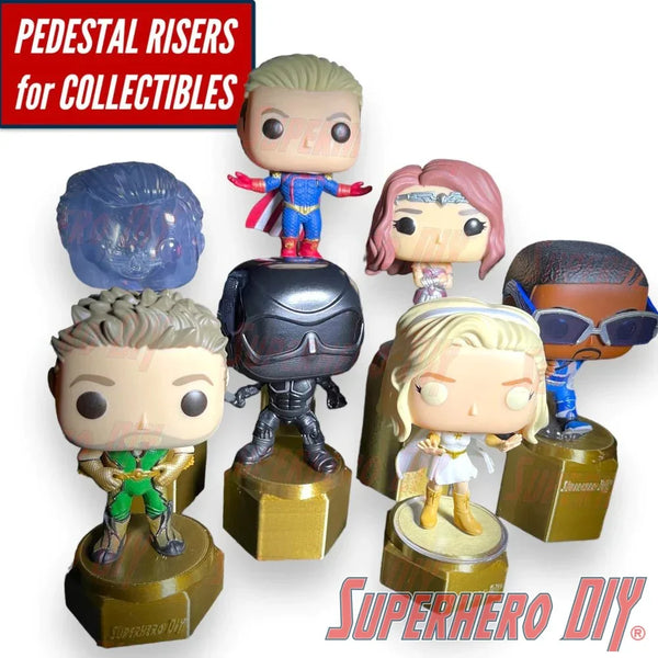 Display riser stands for Funko Pop collection showcasing various figures on pedestal risers.