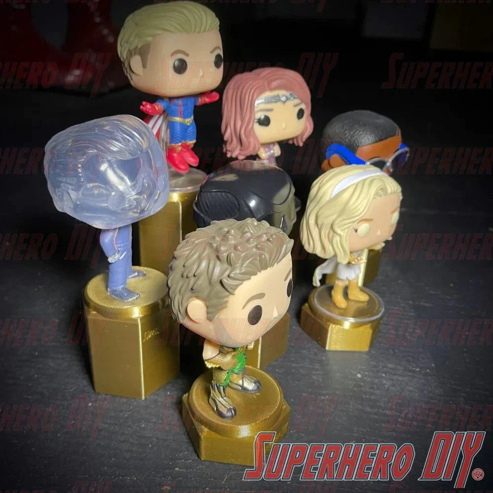 Display riser stands for Funko Pop showcasing colorful figures on raised platforms, enhancing collectible visibility.