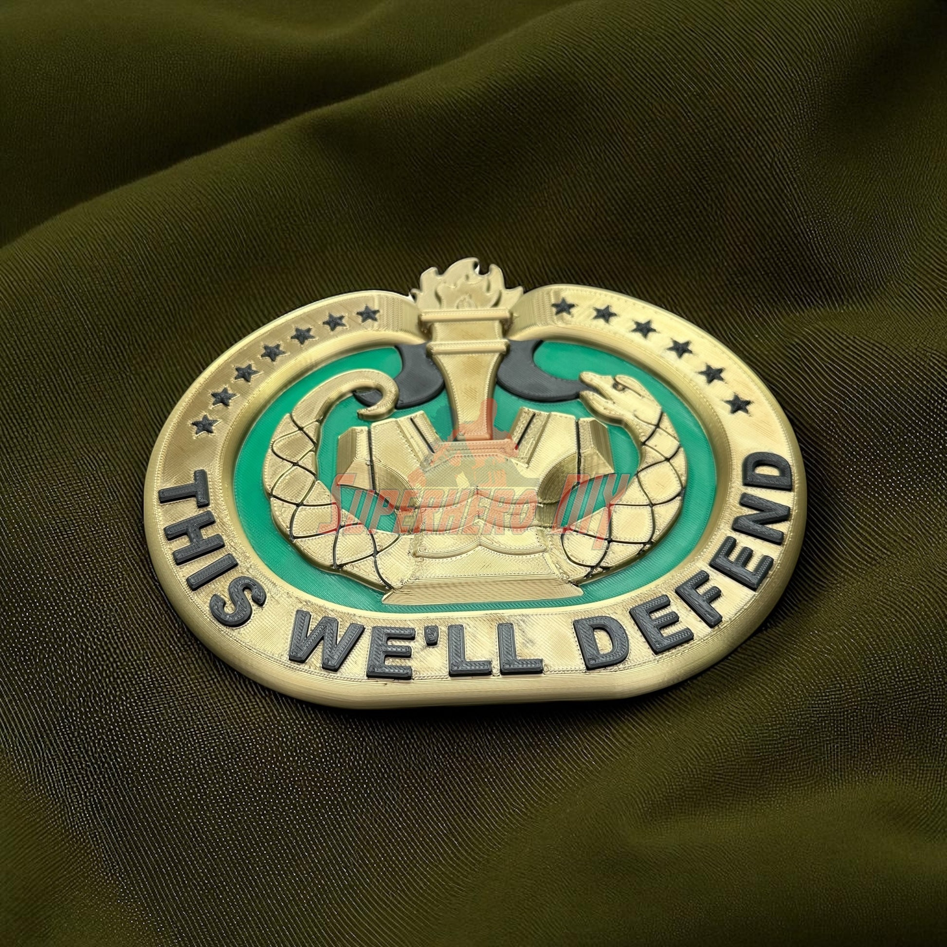 Drill Sergeant Badge Insignia Multiple Sizes for Shadow Box or Wall on green fabric background.