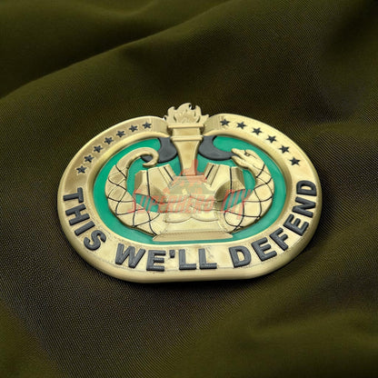 Drill Sergeant Badge Insignia Multiple Sizes for Shadow Box or Wall on green fabric background.