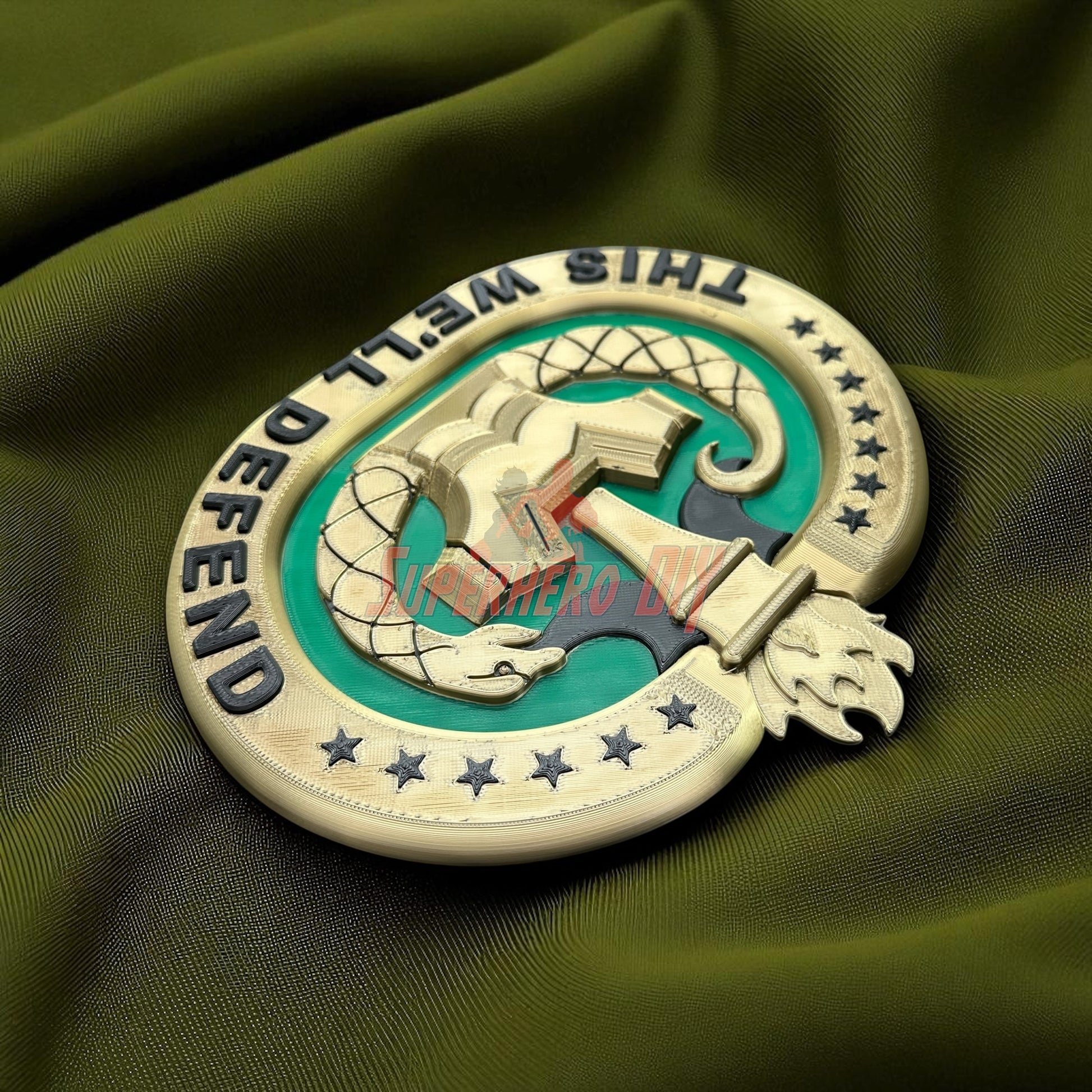 Drill Sergeant Badge Insignia Multiple Sizes for Shadow Box or Wall displayed on fabric background.