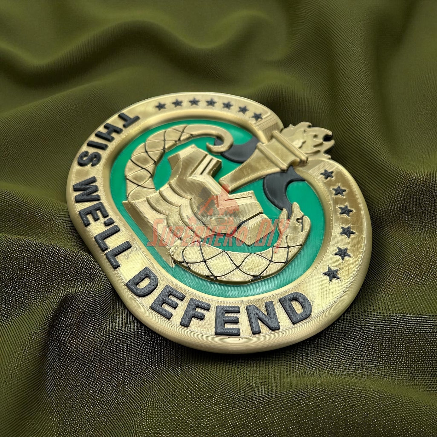 Drill Sergeant Badge Insignia Multiple Sizes for Shadow Box or Wall displayed on fabric background.