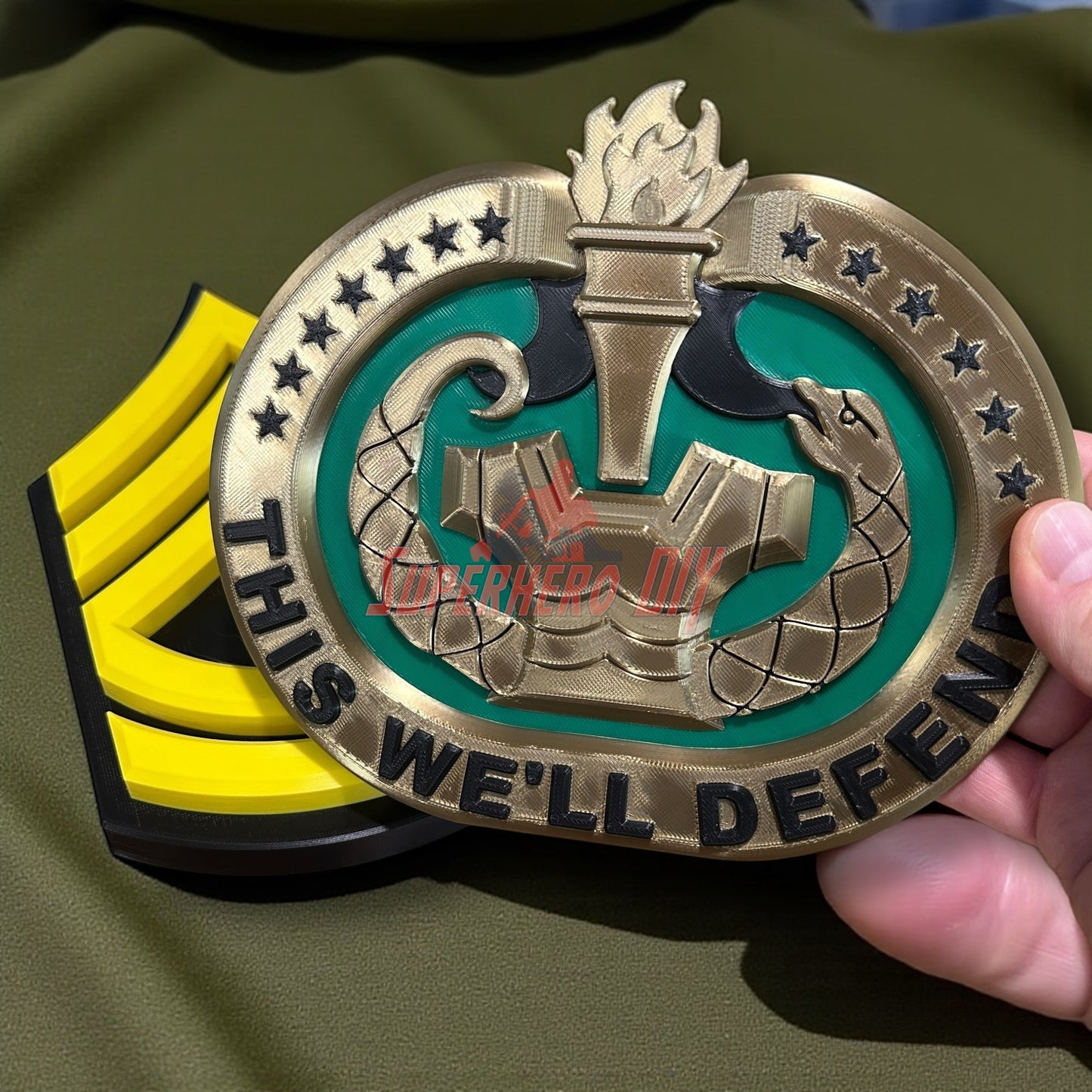 Drill Sergeant Badge Insignia Multiple Sizes for Shadow Box or Wall displayed with pride, perfect for military veterans and graduation gifts.