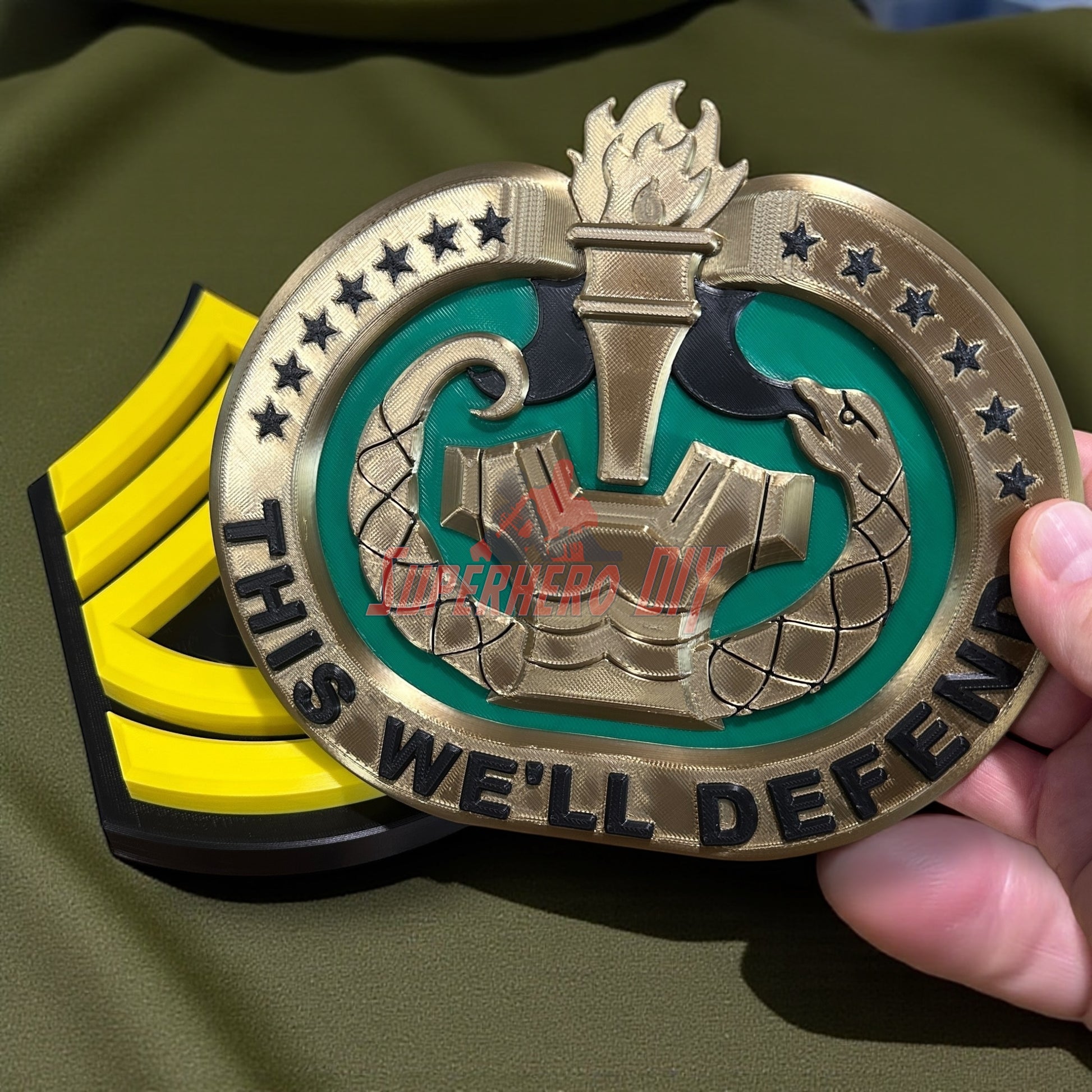 Drill Sergeant Badge Insignia Multiple Sizes for Shadow Box or Wall displayed with pride, perfect for military veterans and graduation gifts.