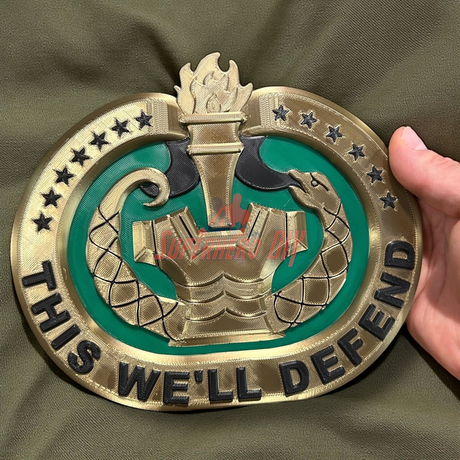 3D Drill Sergeant Badge Insignia Multiple Sizes for Shadow Box or Wall, featuring 'THIS WE'LL DEFEND' motto.