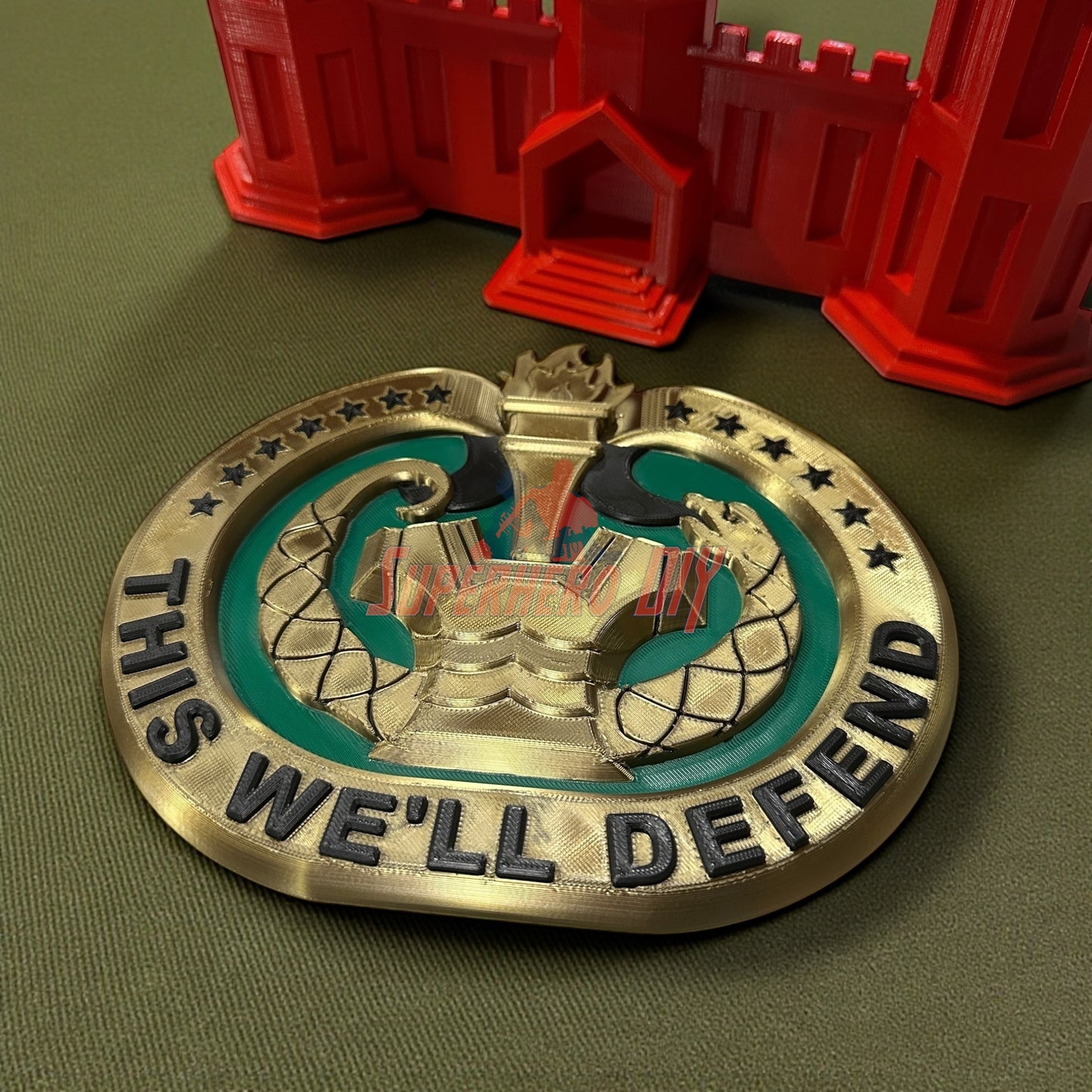 Drill Sergeant Badge Insignia Multiple Sizes for Shadow Box or Wall displayed on a green background with castle in background.