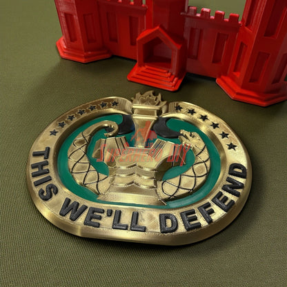 Drill Sergeant Badge Insignia Multiple Sizes for Shadow Box or Wall displayed on a green background with castle in background.