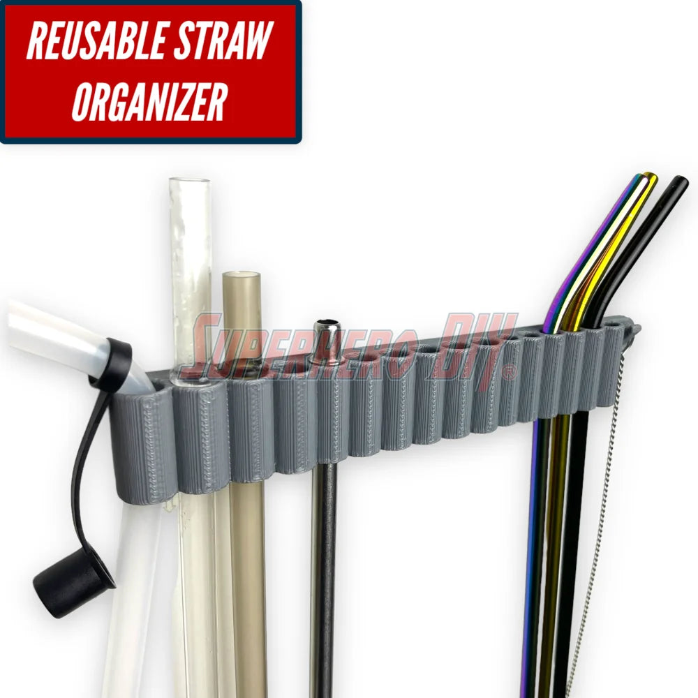 Reusable Straw Organizer | 3D-printed Straw Holder with command strips for easy mounting | Great for water bottle straws or metal straws - Superhero DIY