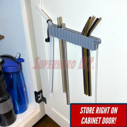 Reusable Straw Organizer | 3D-printed Straw Holder with command strips for easy mounting | Great for water bottle straws or metal straws - Superhero DIY