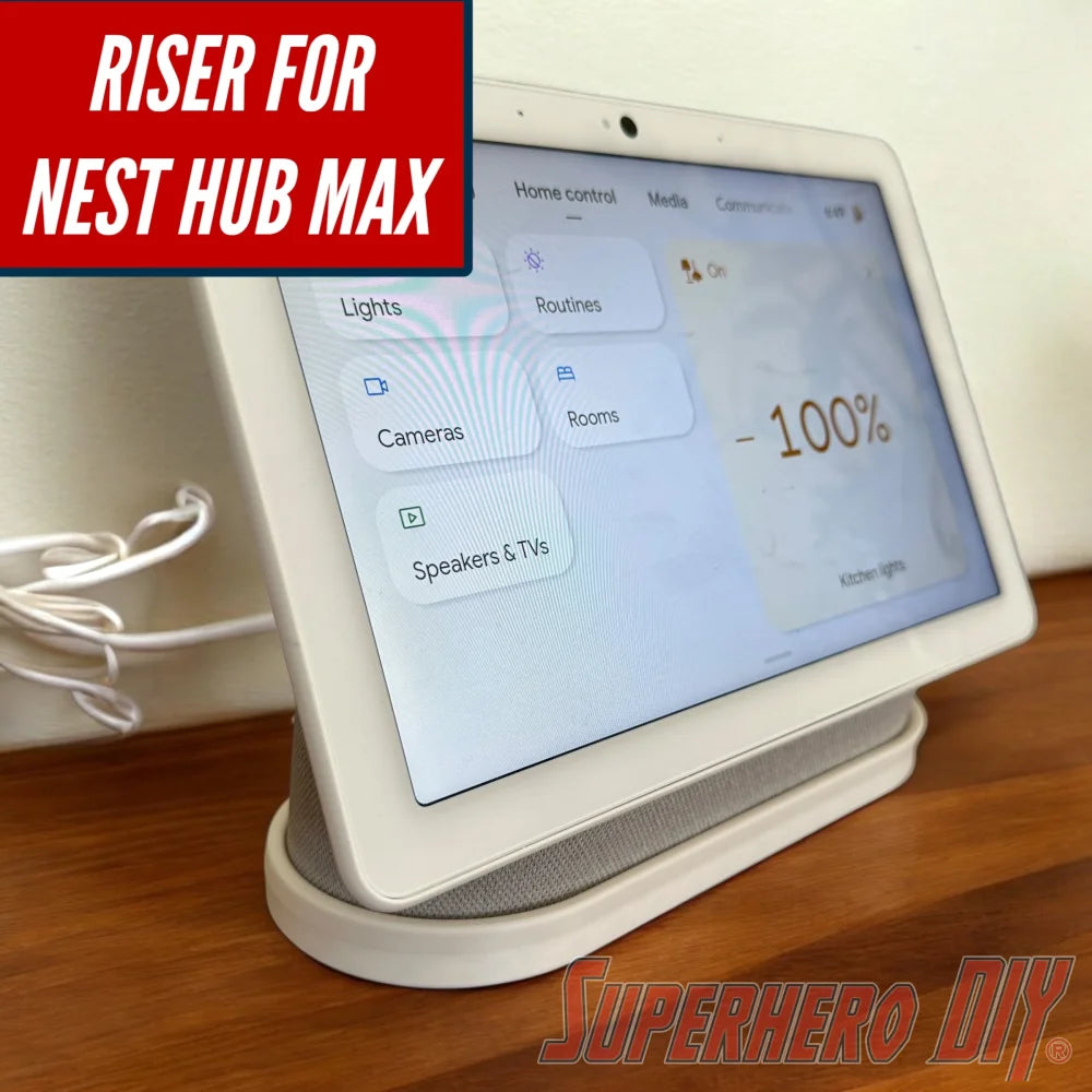 Google Nest Hub Max riser stand on counter, elevating smart display to protect from water and condensation in kitchens and bathrooms.