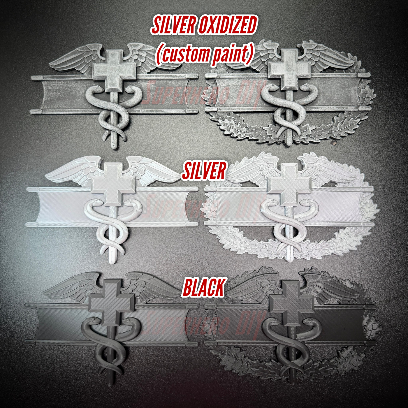 Army medical badge display featuring silver oxidized, silver, and black finishes for EFMB, CMB, and MCMB.