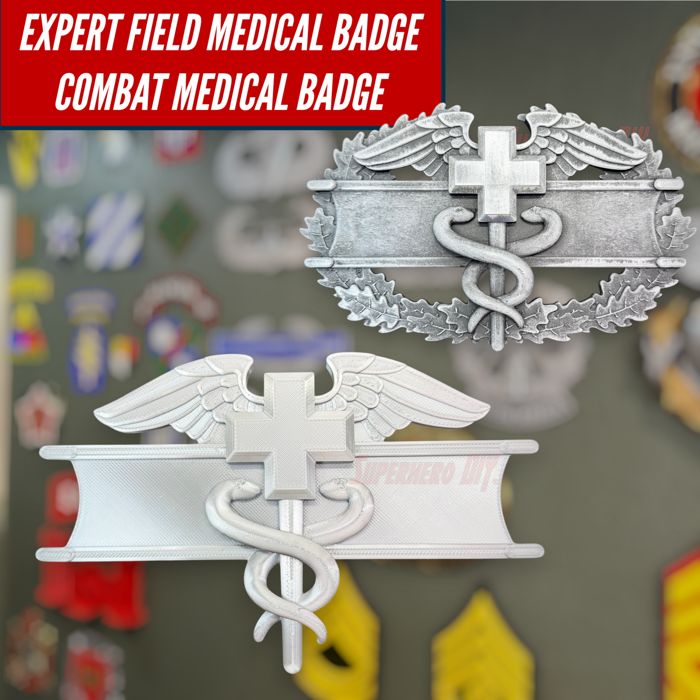 Army medical badge display featuring Expert Field Medical Badge and Combat Medical Badge on wall.