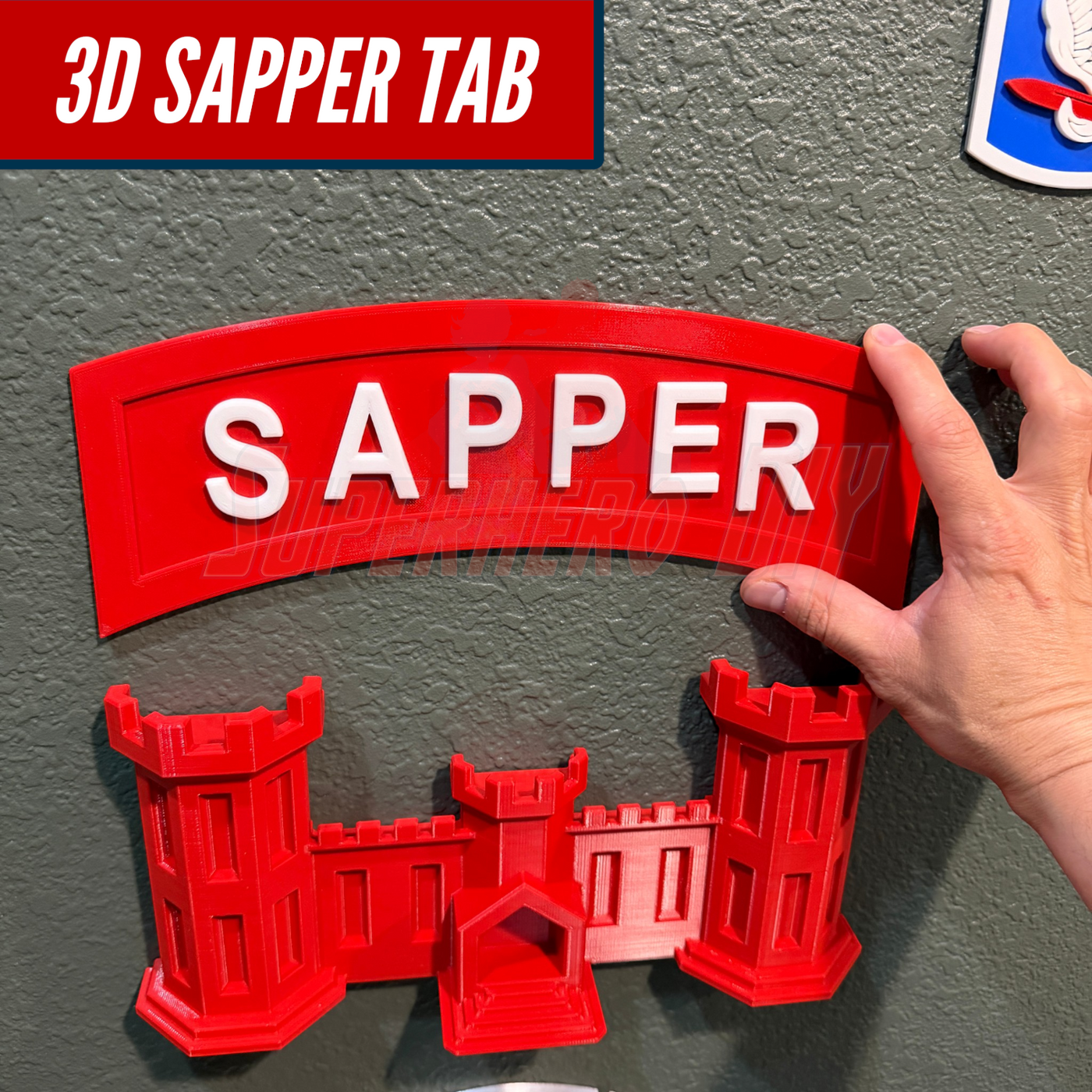 3D Sapper Tab display piece with red lettering and castle design, showcasing achievement for combat engineers.