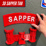 3D Sapper Tab display piece with red lettering and castle design, showcasing achievement for combat engineers.