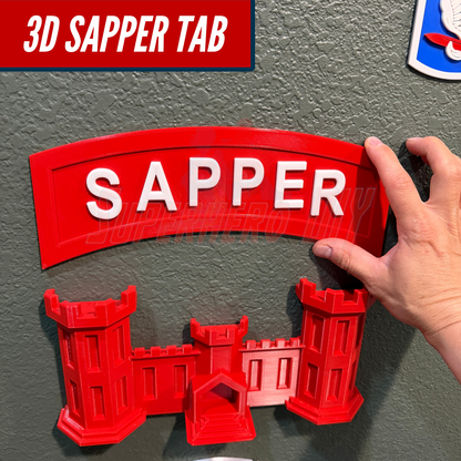 3D Sapper Tab display piece with red lettering and castle design, showcasing achievement for combat engineers.