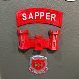 3D sapper tab display piece with red castle design and text, showcasing achievement for combat engineers.