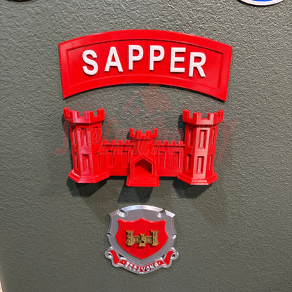 3D sapper tab display piece with red castle design and text, showcasing achievement for combat engineers.