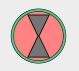 7th Infantry Division hourglass patch featuring a black hourglass on a red field with a green border.