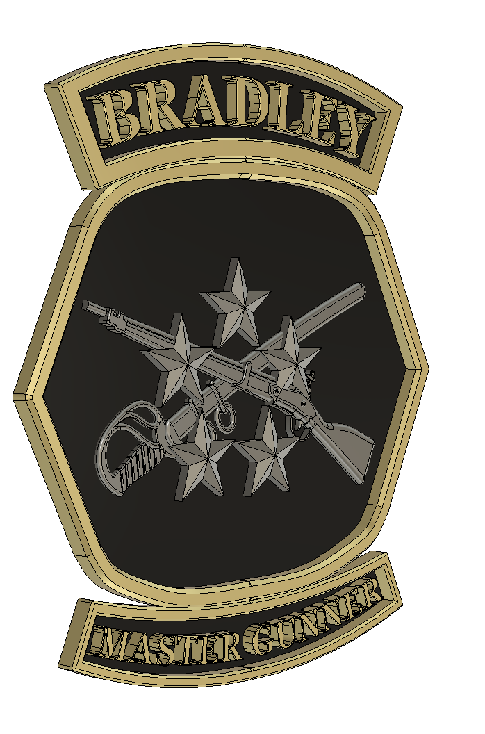 Insignia with 'Bradley' at the top and 'Master Gunnery' at the bottom, featuring crossed rifles and stars on a black background.