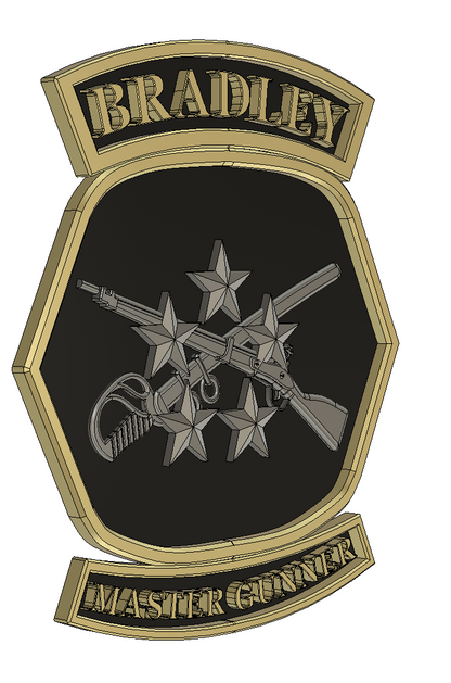 Insignia with 'Bradley' at the top and 'Master Gunnery' at the bottom, featuring crossed rifles and stars on a black background.