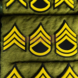 Army enlisted rank insignia in yellow and black, showcasing multiple ranks for military display.