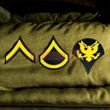Army enlisted rank insignia featuring chevrons and eagle emblem in bold 3D print.