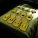 Army enlisted rank insignia displayed on a green surface, showcasing various ranks from Private to Sergeant Major.