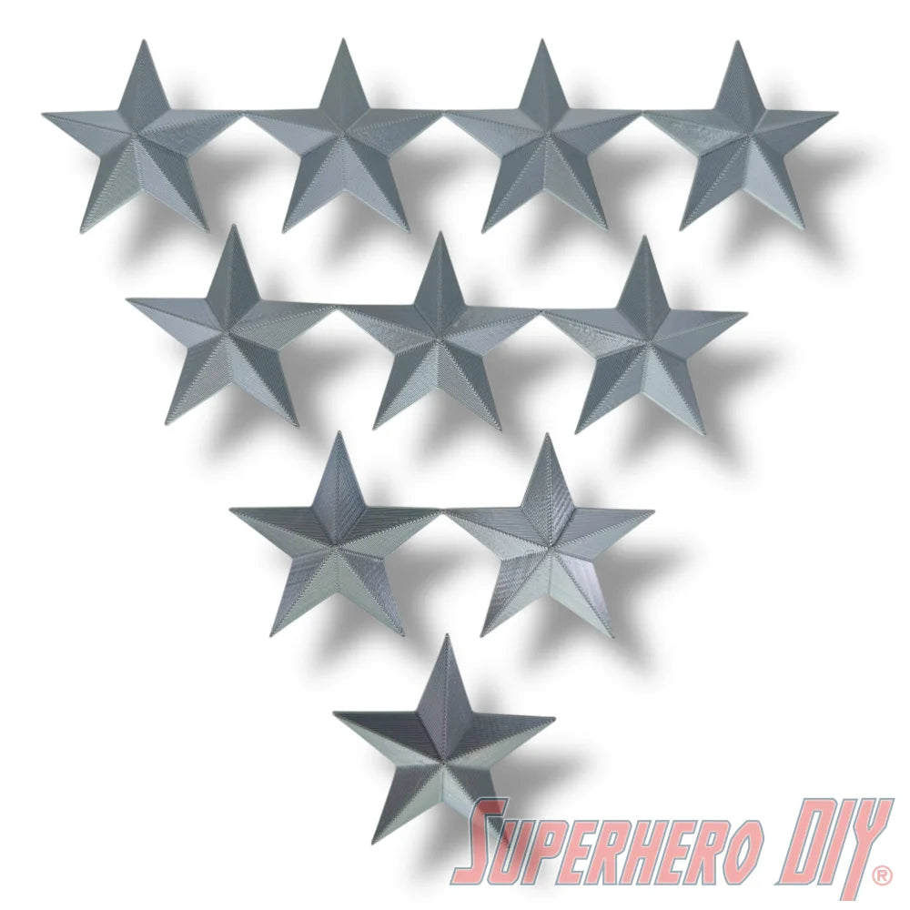 Set of ten silver metallic five-pointed military officer rank stars in three rows, polished finish. - SuperheroDIY