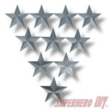 Set of ten silver metallic five-pointed military officer rank stars in three rows, polished finish. - SuperheroDIY