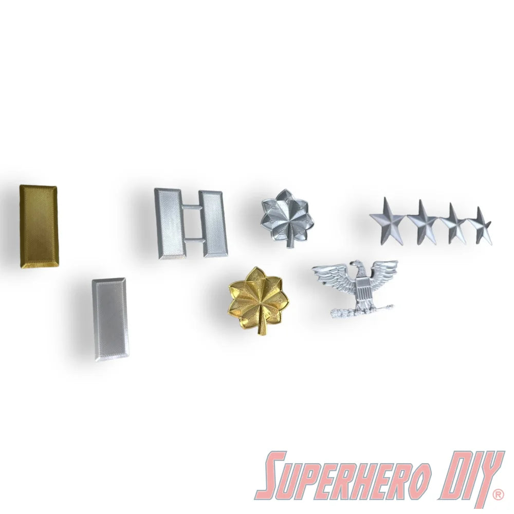 Set of US military officer rank insignia including gold bar, silver bar, gold oak leaf, silver oak leaf, silver eagle, and. - SuperheroDIY