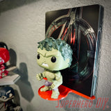 Wall mount media and funko display shelf featuring Hulk figure with Avengers background