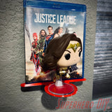 Wall mount media and funko display shelf showing Justice League Blu-ray and Wonder Woman Funko Pop.