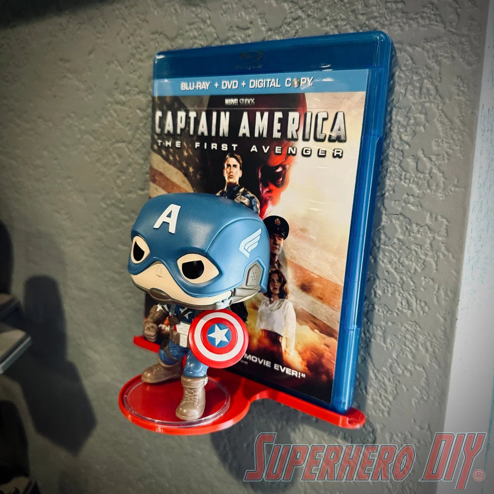 Wall mount media and funko display shelf showing Blu-ray and figurine side by side, ideal for showcasing collectibles and media.