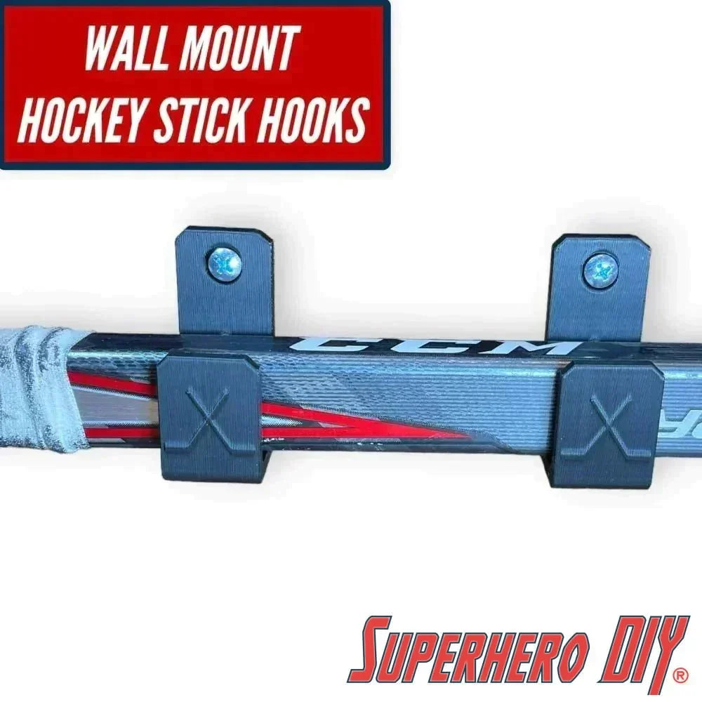 Wall Mount Hockey Stick Hanger | Mount your stick on the wall | Horizontal Ice Hockey Stick Hanger | Comes with screws or Command strips! - Superhero DIY