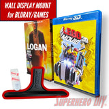 Floating shelf for movies or video games displaying Blu-ray cases with Command strip and mount accessory included.