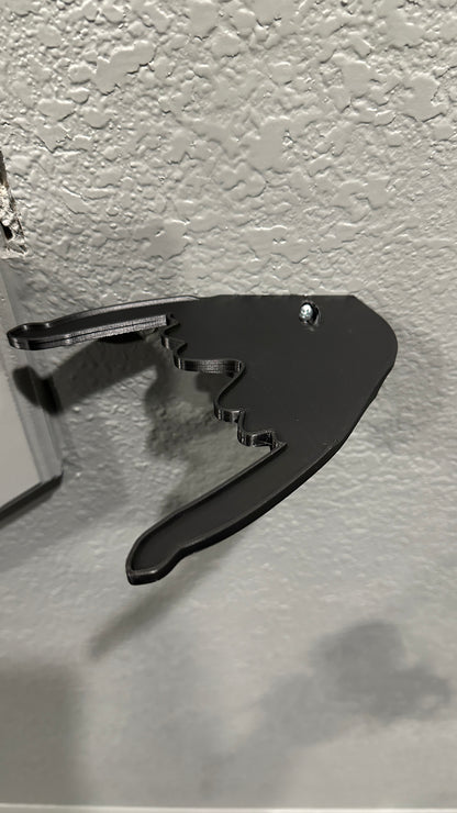 Black wall mount bracket with dragon wing design for displaying POP! Rides figures. - SuperheroDIY