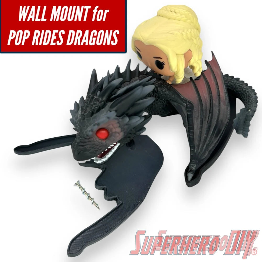 Black dragon wall mount display holding a blonde Funko Pop figure with red eyes and detailed wings. - SuperheroDIY