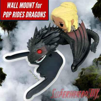 Black wall mount shaped like a dragon with red eyes holding a blonde-haired Funko Pop figure seated on its back. - SuperheroDIY