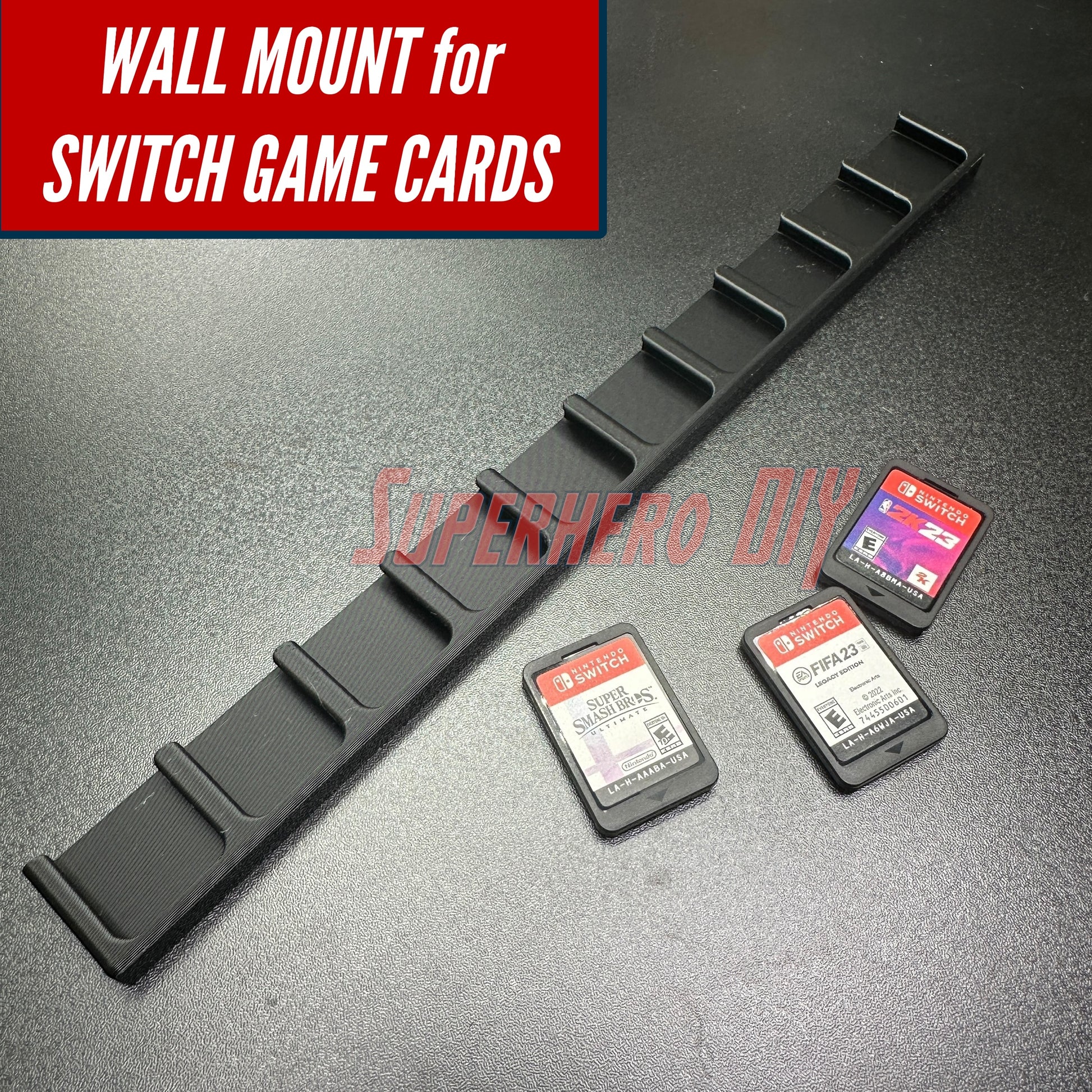 Game Cartridge Holder for Nintendo Switch – 5 or 10 Slot Display Rack with game cards and wall mount.