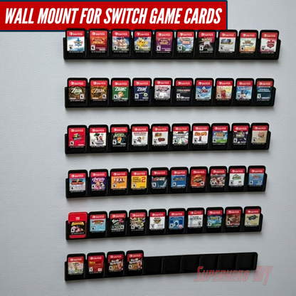 Game Cartridge Holder for Nintendo Switch – 5 or 10 Slot Display Rack showcasing organized game cards on a wall.