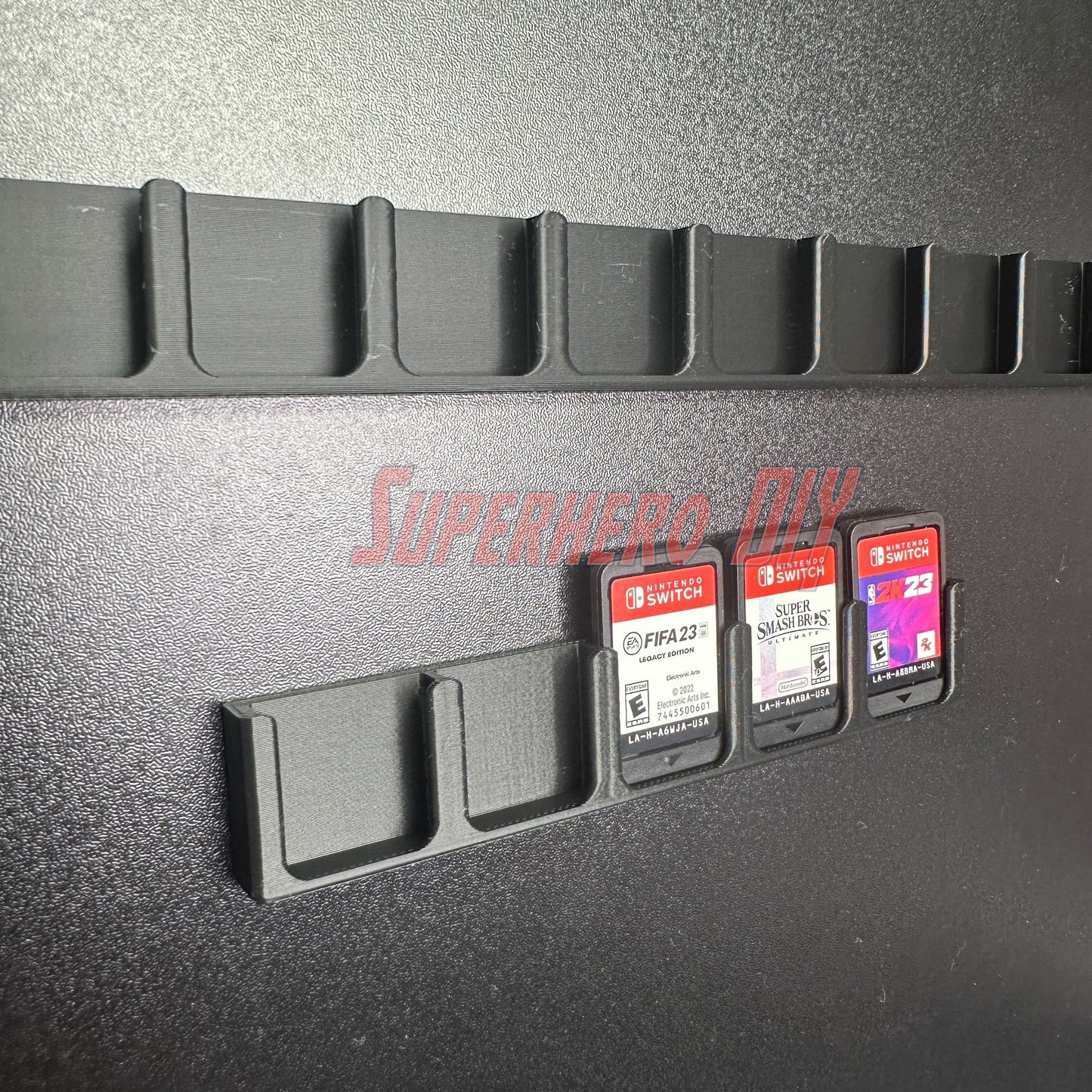 Game Cartridge Holder for Nintendo Switch – 5 or 10 Slot Display Rack showcasing game card slots and organized titles.