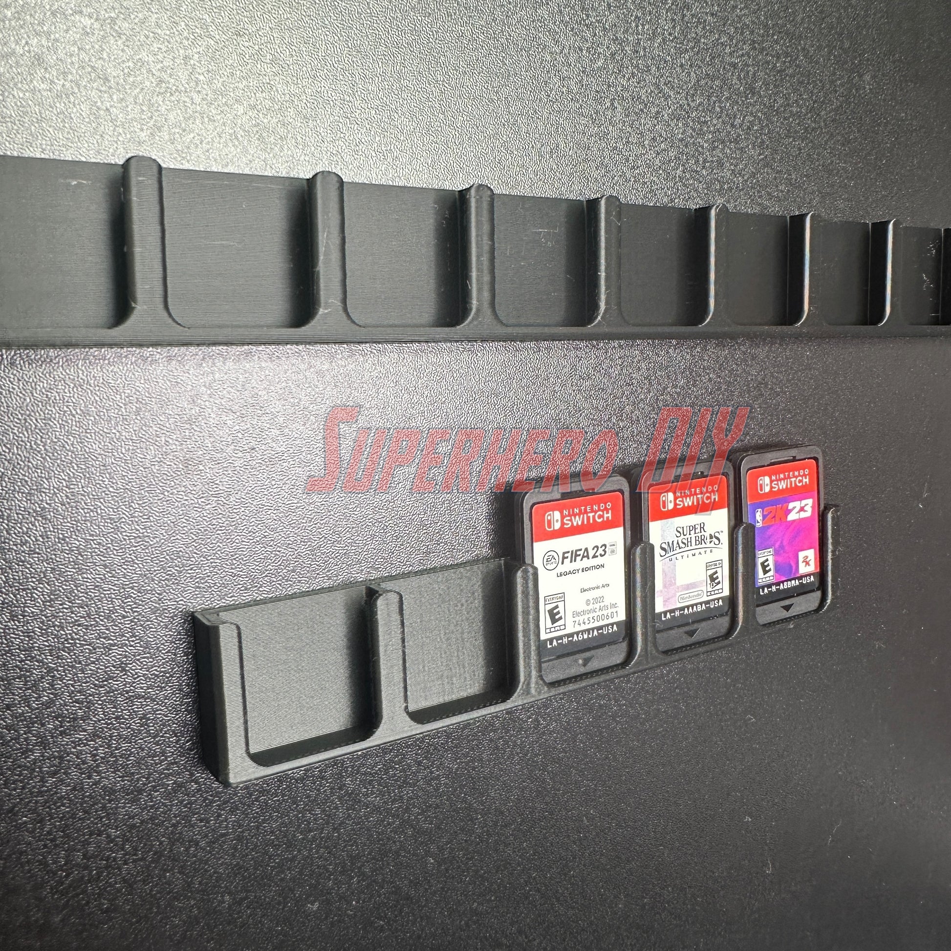 Game Cartridge Holder for Nintendo Switch – 5 or 10 Slot Display Rack showcasing game card slots and organized titles.