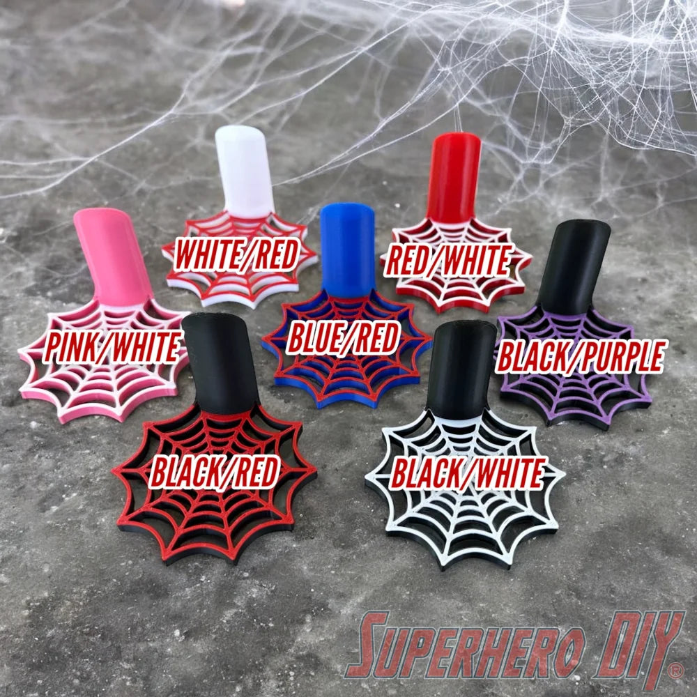 Web Shelf for Spider-Man Funko Pop figures in multiple colors with web pattern; includes pink, white, blue, black, and red options.