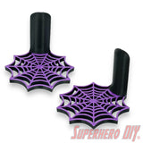 Purple web shelf for Spider-Man Funko Pop figures, wall-mounted with a layered web pattern, suitable for displaying collectibles.